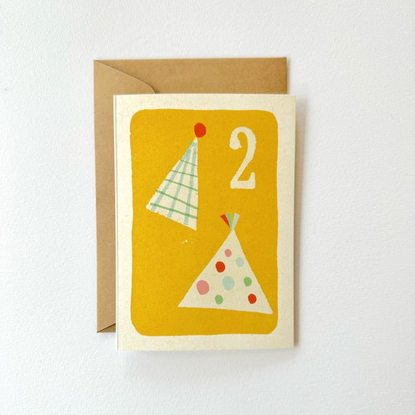 Florence Fry Number 2 Party Hats Birthday Card Yellow