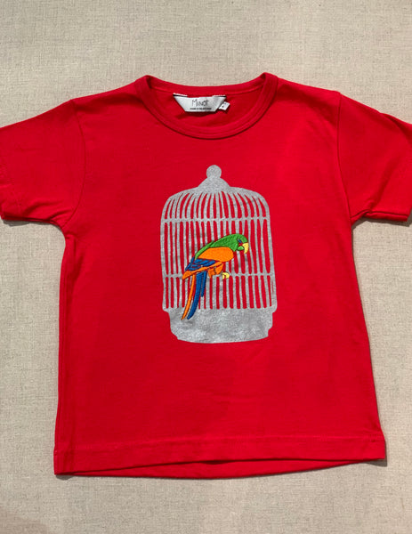 Miinot Printed and Embroidered Tee - Bird in Cage RED