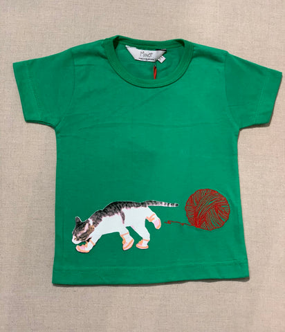 Miinot Printed and Embroidered Tee - Cat and Yarn GREEN