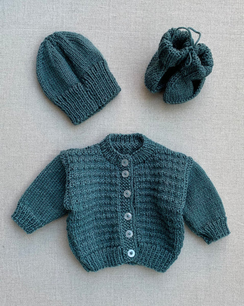 Knitted by Nana Cardigan, Beanie & Booties Set Forest