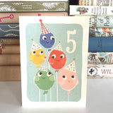 Florence Fry Number 5 Balloons with Hats Birthday Card