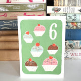 Florence Fry Number 6 Cupcakes Birthday Card Green