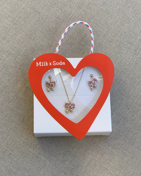 Milk X Soda Crystal Ribbon Necklace & Earrings Set - Pink
