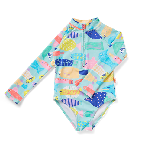 Halcyon Nights Girls Long Sleeve Zip One Piece Swim Rainbow Reef