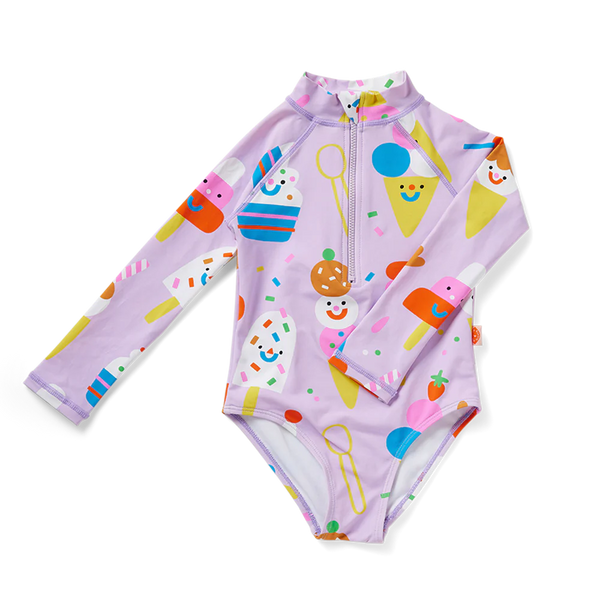 Halcyon Nights Girls Long Sleeve Zip One Piece Swim  Sundae Fun Day