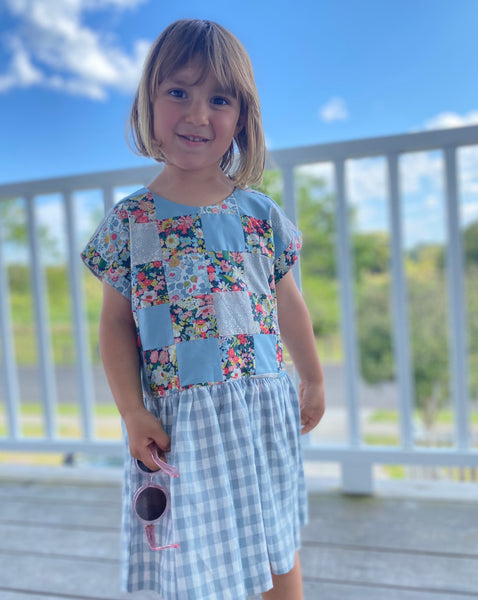 Pretty Wild Kids Maggie Patch Dress Blue Check Linen